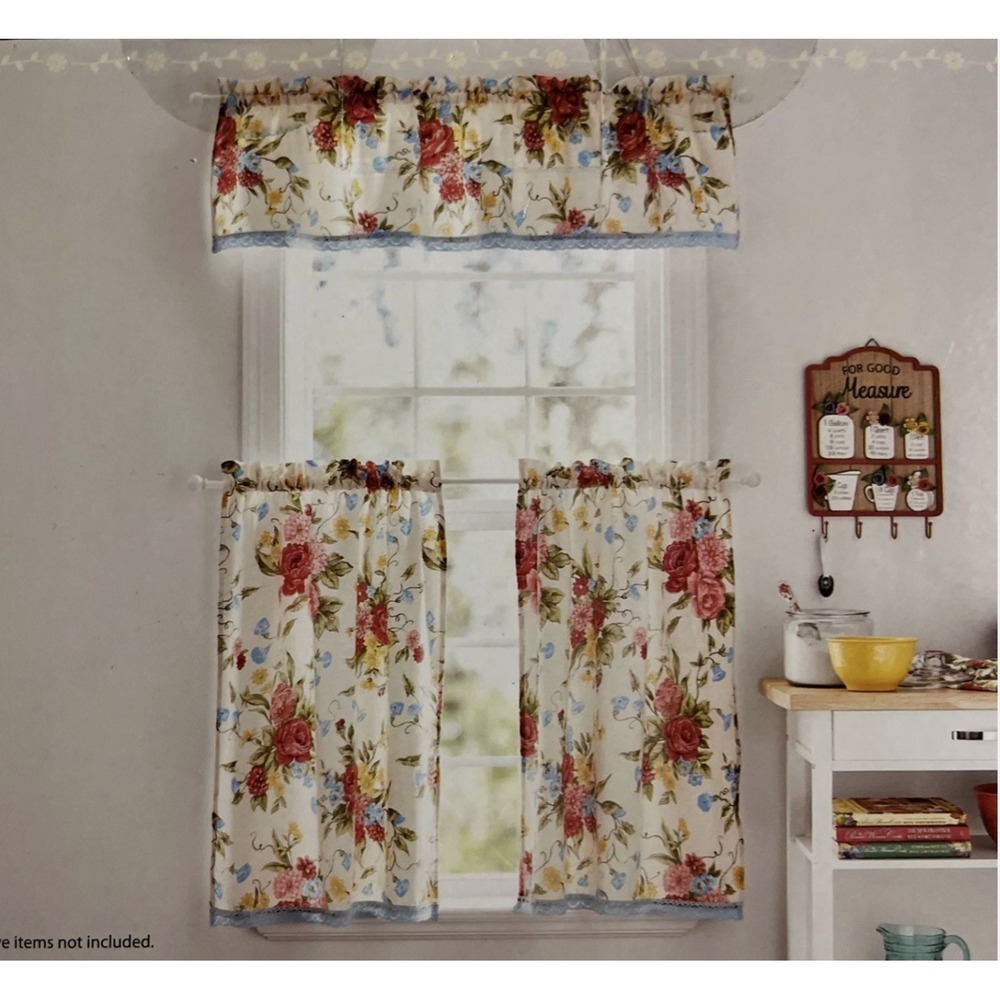Pioneer Women Small Window Curtain Set Sweet Rose 2 Rod Pocket Tiers & Valance - Picture 4 of 5